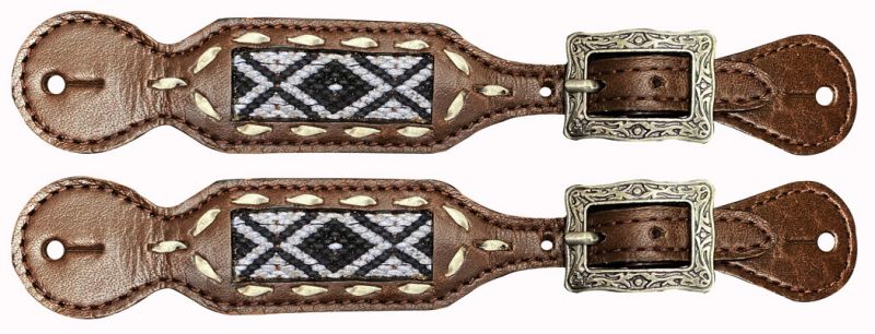 Showman ® Ladies leather spur straps with black & white woven fabric Inlay with southwest design Default Shiloh