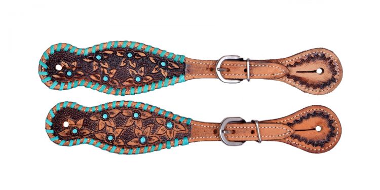Showman ® Ladies leather spur straps with tooled flowers with teal accents Default Shiloh
