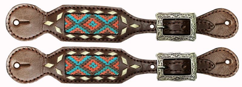 Showman ® Ladies leather spur straps with woven fabric Inlay with southwest design Default Shiloh