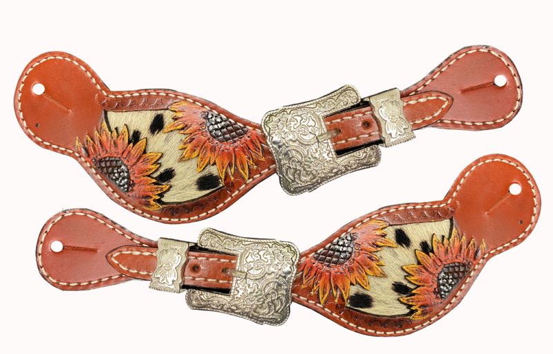 Showman ® Ladies spur straps with painted sunflower and hair on cowhide inlay Default Shiloh