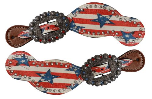 Showman ® Leather Spur Straps with stars and stripes print Default Shiloh