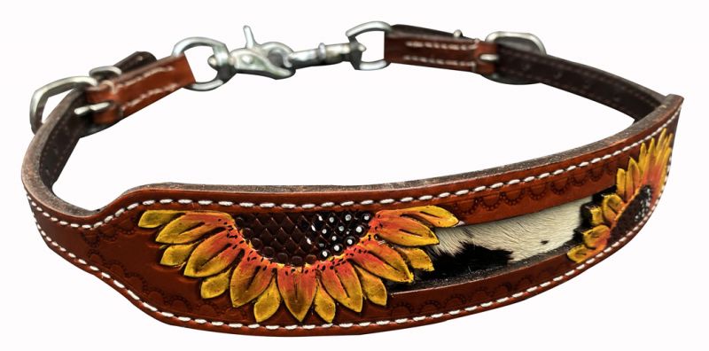 Showman ® Leather wither strap with painted sunflower and hair on cowhide inlay T his wither strap features medium oil leather with painted sunflower with black and white cowhide inlay Default Shiloh