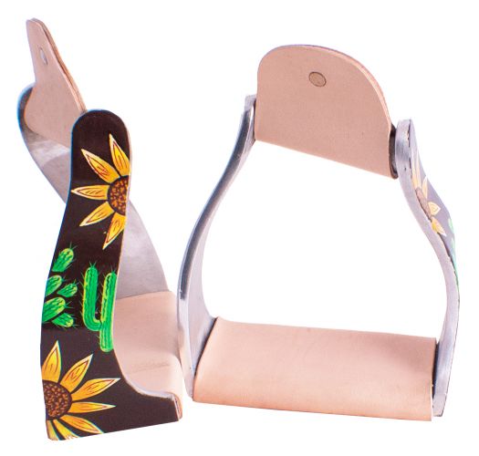 Showman ® Lightweight twisted angled aluminum stirrups with sunflower and cactus overlay Stirrups Shiloh