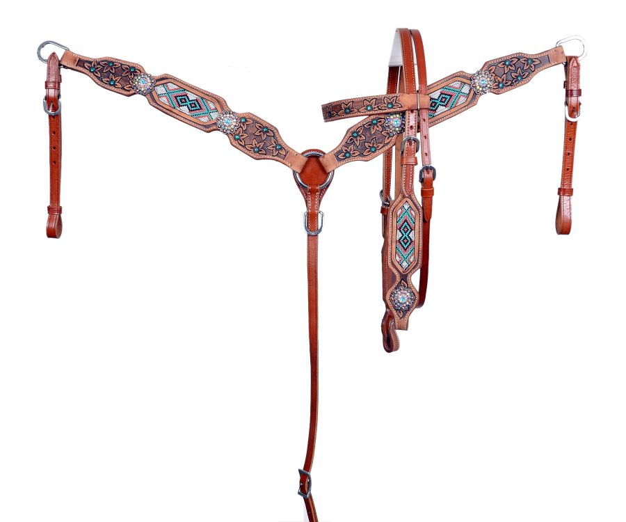 Showman ® Medium Oil Browband Beaded Inlay Headstall and Breast collar Set Default Shiloh