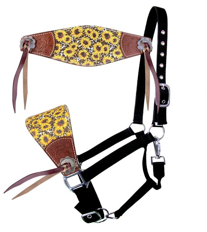 Showman ® Nylon bronc halter with printed sunflower and cheetah print inlay and cowboy tie accents Default Shiloh