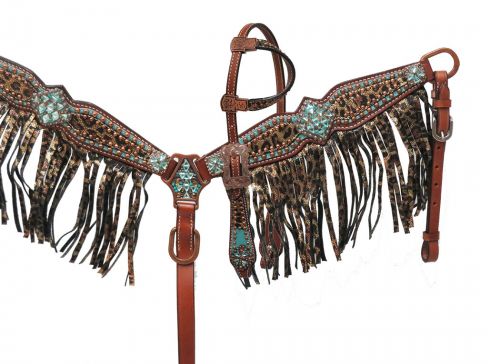 Showman ® PONY SIZE Bejeweled metallic leopard print headstall and breast collar set Default Shiloh