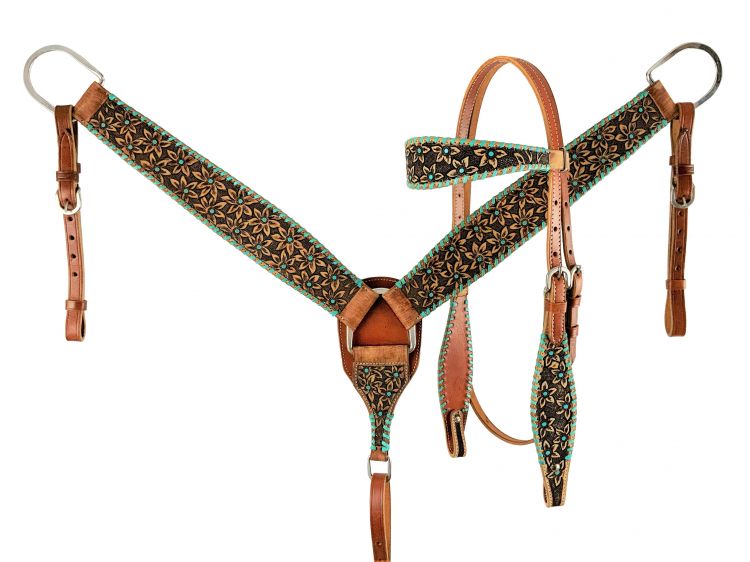 Showman ® Rawhide Laced Headstall and Breast collar Set with tooled flowers with teal accent beads Default Shiloh