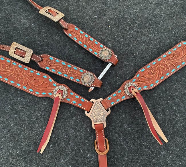 Showman ® Single ear headstall and breast collar set with teal buck stitch trim Default Shiloh