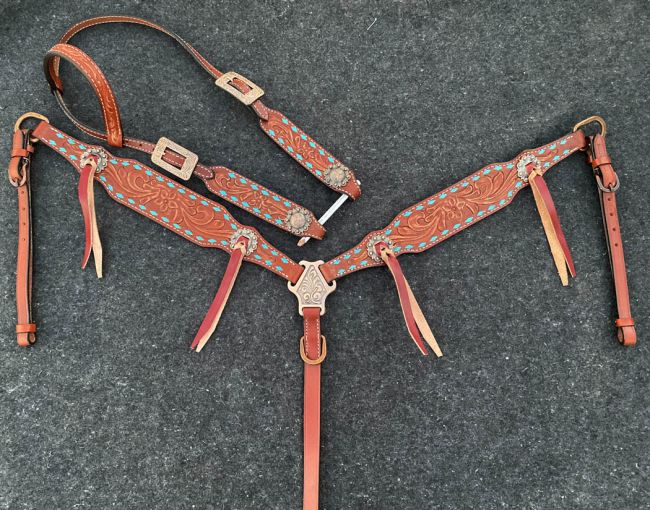Showman ® Single ear headstall and breast collar set with teal buck stitch trim Default Shiloh
