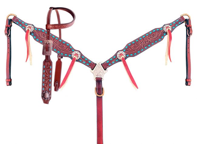 Showman ® Single ear headstall and breast collar set with teal buck stitch trim Default Shiloh