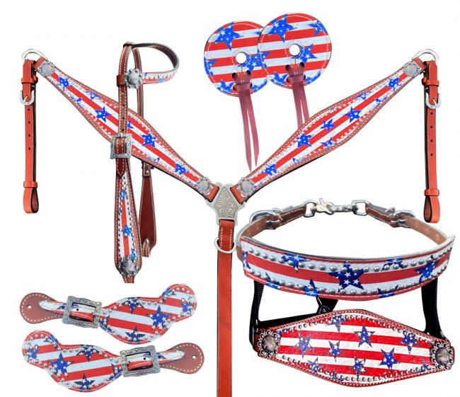 Showman ® Stars & Stripes Print One Ear Headstall and Breast Collar 7- piece set Default Shiloh
