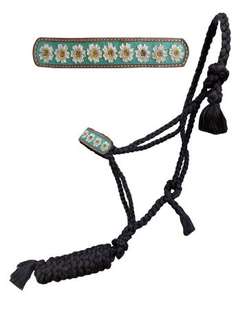 Showman ® Woven black nylon mule tape halter with hand painted flower accent with teal inlay on the noseband Default Shiloh