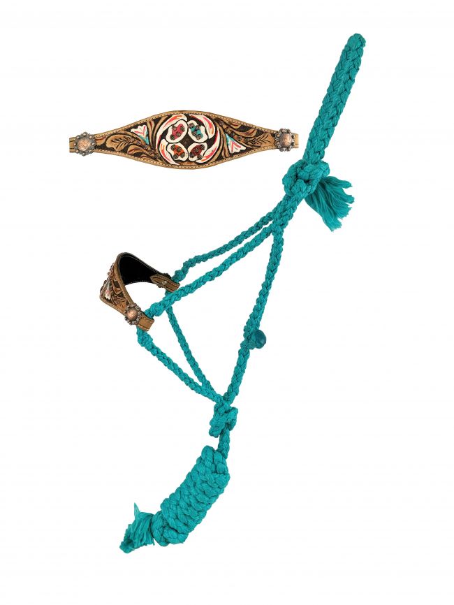 Showman ® Woven teal nylon mule tape halter with painted floral tooled leather noseband Default Shiloh