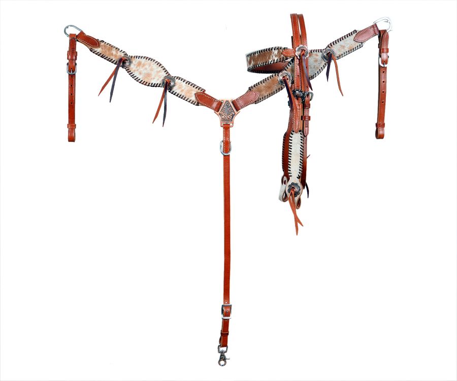 Showman ®Medium Oil Cowhide inlay browband headstall and breast collar set with black rawhide lacing Default Shiloh