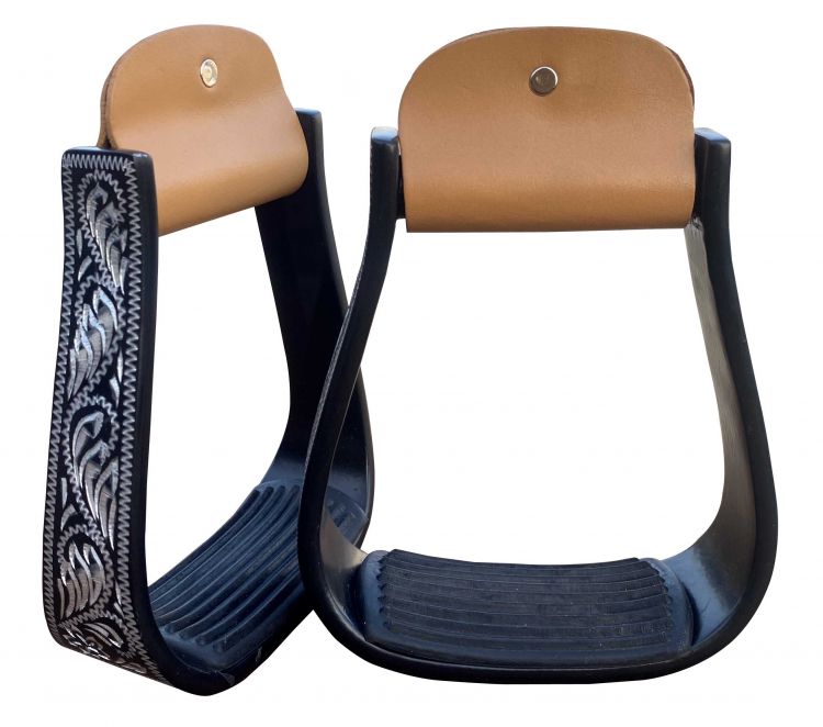 Showman® Black Aluminum Stirrups with Silver Engravings and rubber grip tread * 2" Tread * 3" Neck *5" Width Stirrups Shiloh