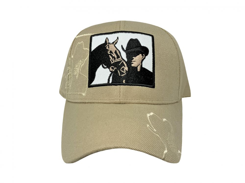 Square Patch Tan Ballcap with Cowboy and Horse, and Cowboy Embroidered on Bill and back Default Shiloh