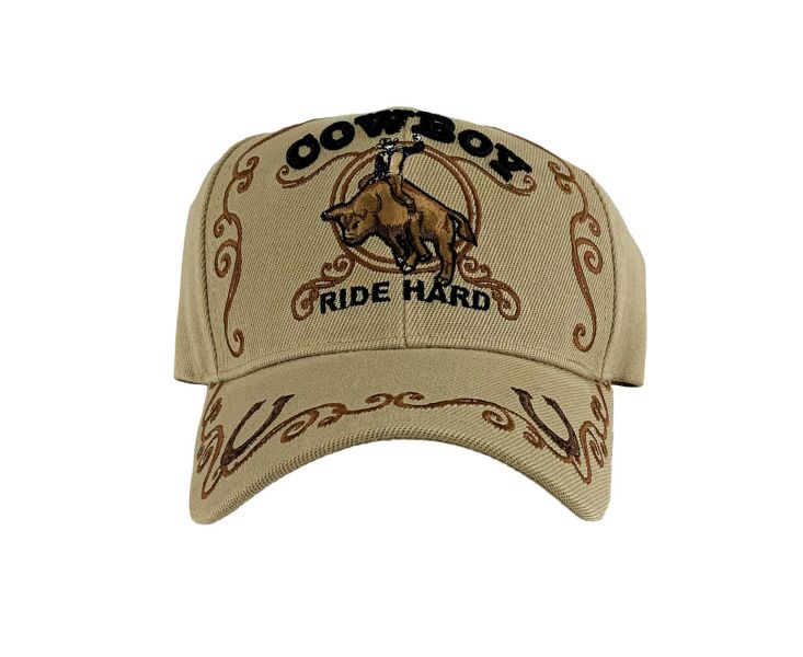 Tan Cowboy Ballcap with Bull rider decal "Ride Hard" Default Shiloh