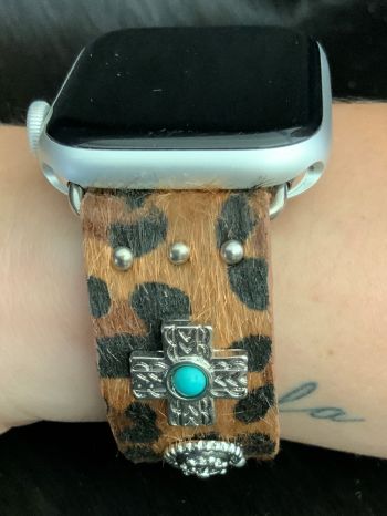WB1646MSLPD: Cheetah Print Apple Watch Band w/ Turquoise cross accents Primary Showman Saddles and Tack