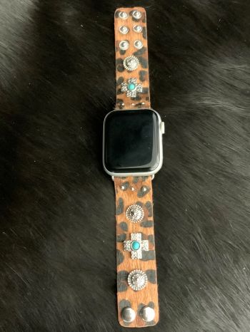 WB1646MSLPD: Cheetah Print Apple Watch Band w/ Turquoise cross accents Primary Showman Saddles and Tack