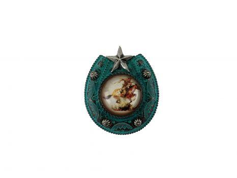 WG138PT: Teal Horseshoe with western rider Pop Up Phone Grip w/ Stand- features a teal concho desi Primary Showman Saddles and Tack