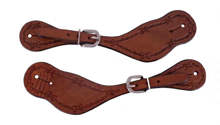 WX-2164: Showman ® Men's Argentina Cow Leather Spur Straps with barbwire trim Spur Straps Showman