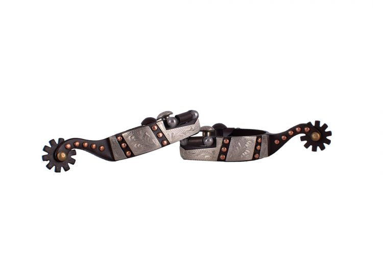Y25917Q: Showman ® Youth size brown steel spur with copper studs with silver engraved overlay Western Spurs Showman