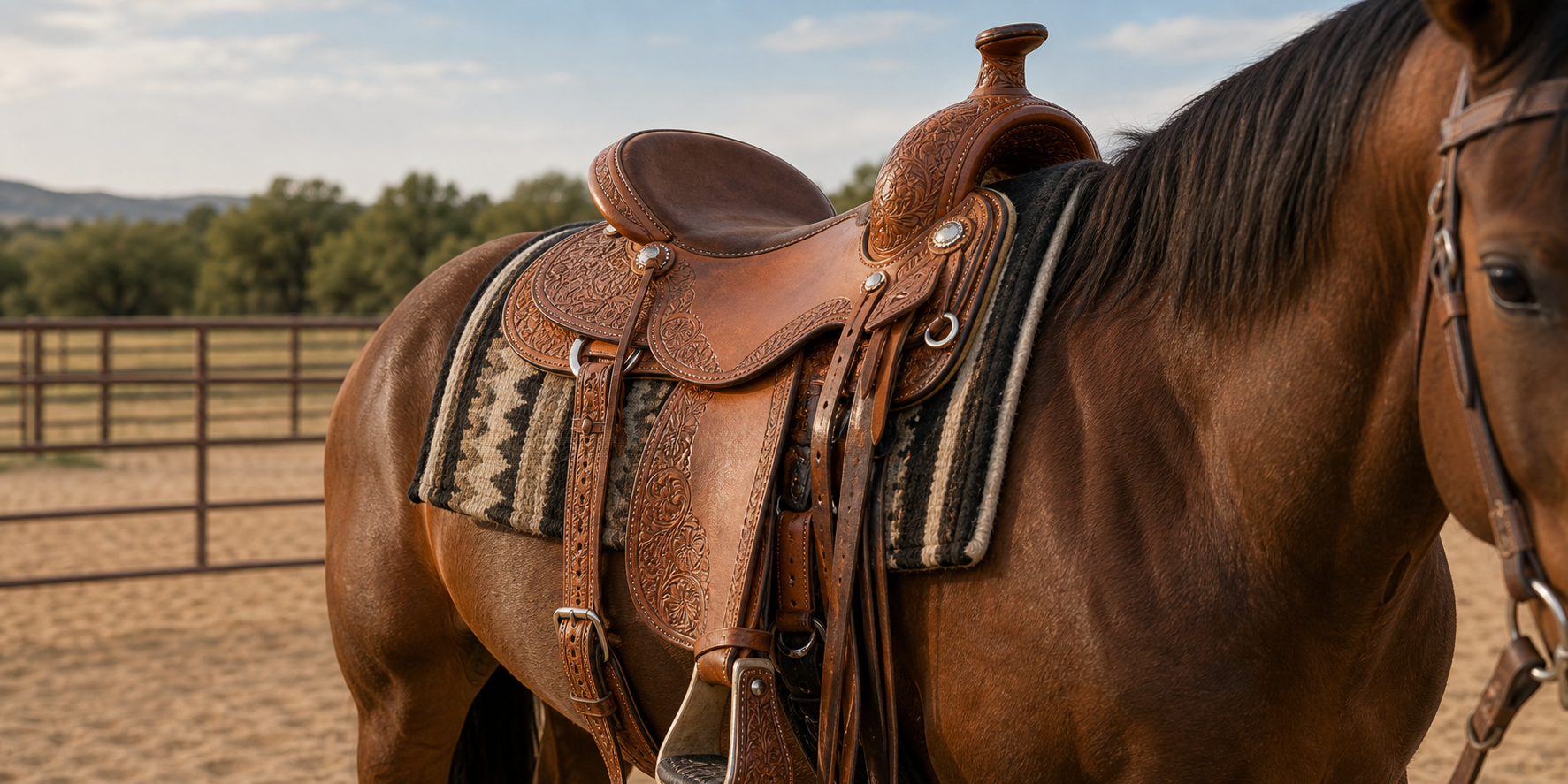 Tooled 16 inch western saddle on a bay horse in an outdoor arena