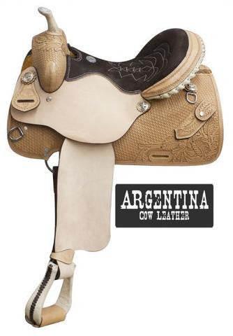 16 Semi acorn tooled Buffalo roper style saddle with rawhide silver laced  cantle.