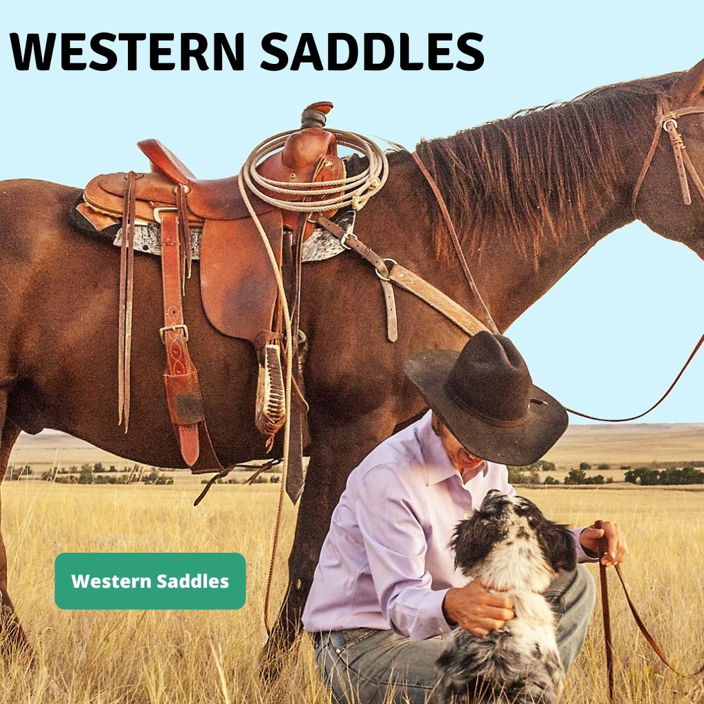 Man-petting-dog-in-open-field-with-horse-standing-behind-with-brown-western-horse-saddle-on-back