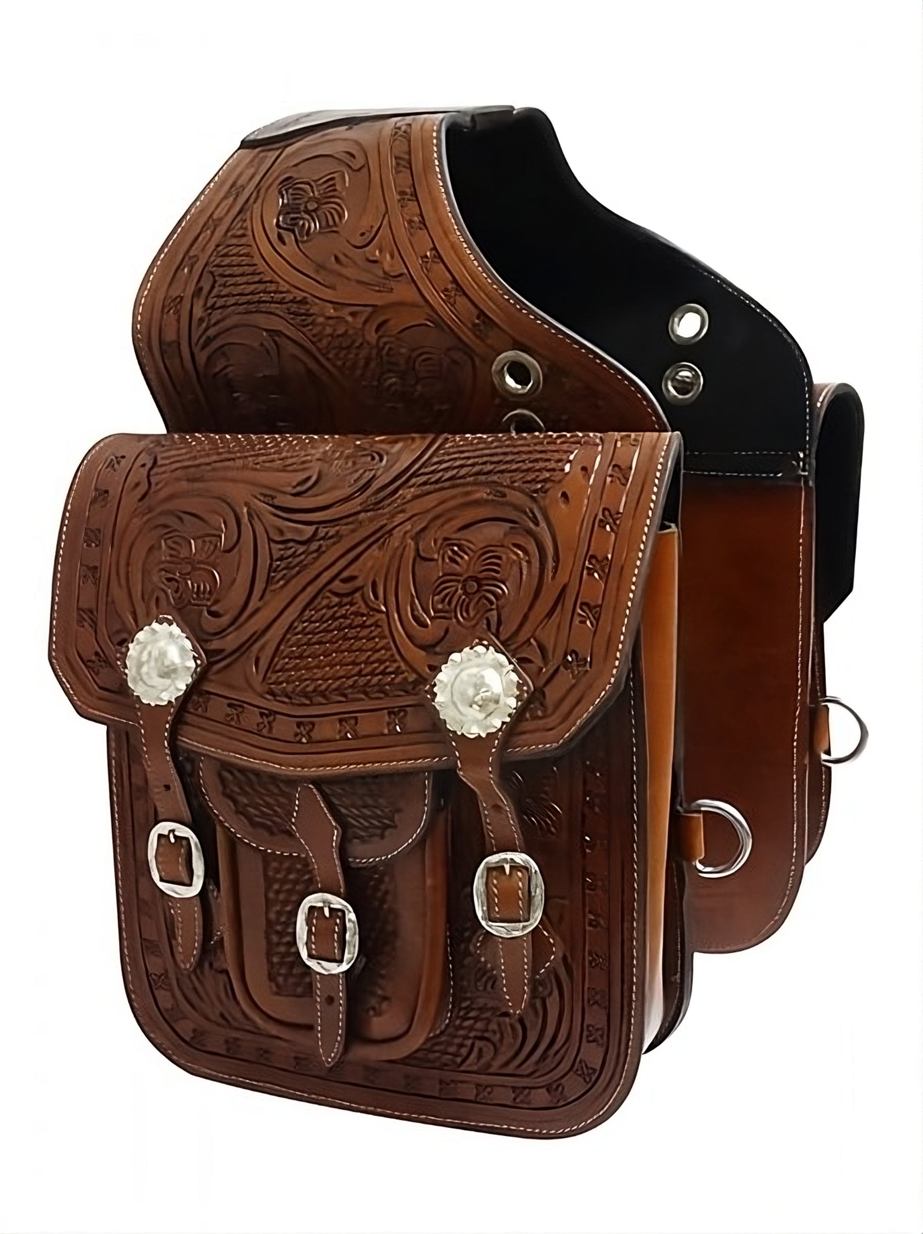 Brown-leather-western-horse-saddle-bags-silver-conchos-and-buckles-tooled-leather
