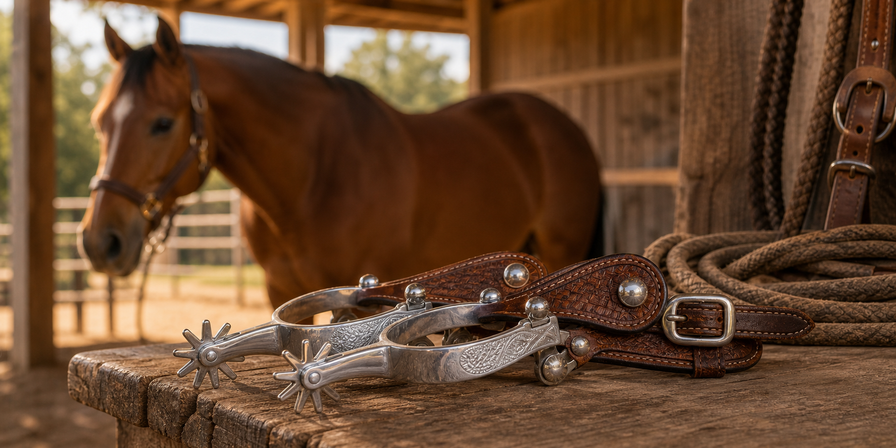 Polished aluminum western spurs with leather straps on a tack bench with a bay horse in the background