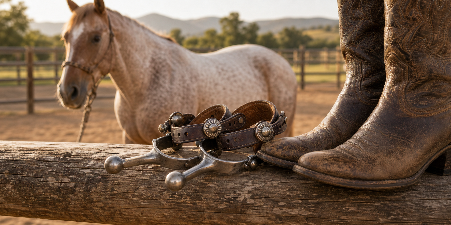 Ball end western spurs with leather straps beside worn cowboy boots and a roan horse