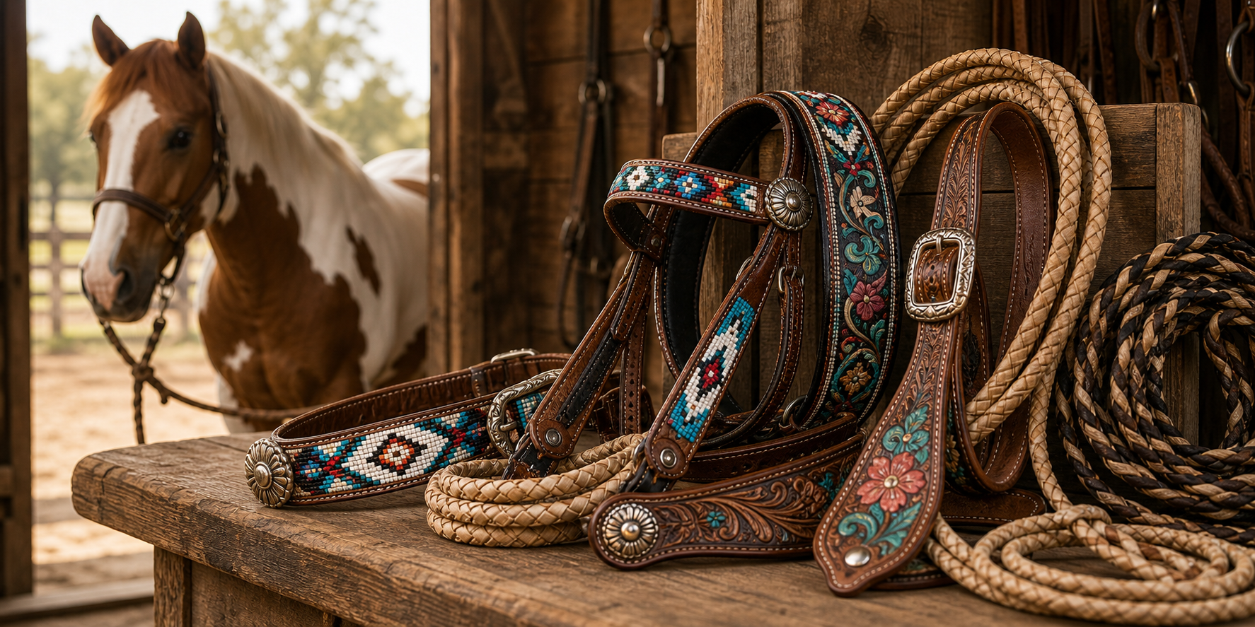 Beaded western tack, painted leather accents, and braided rawhide details displayed with a paint horse nearby