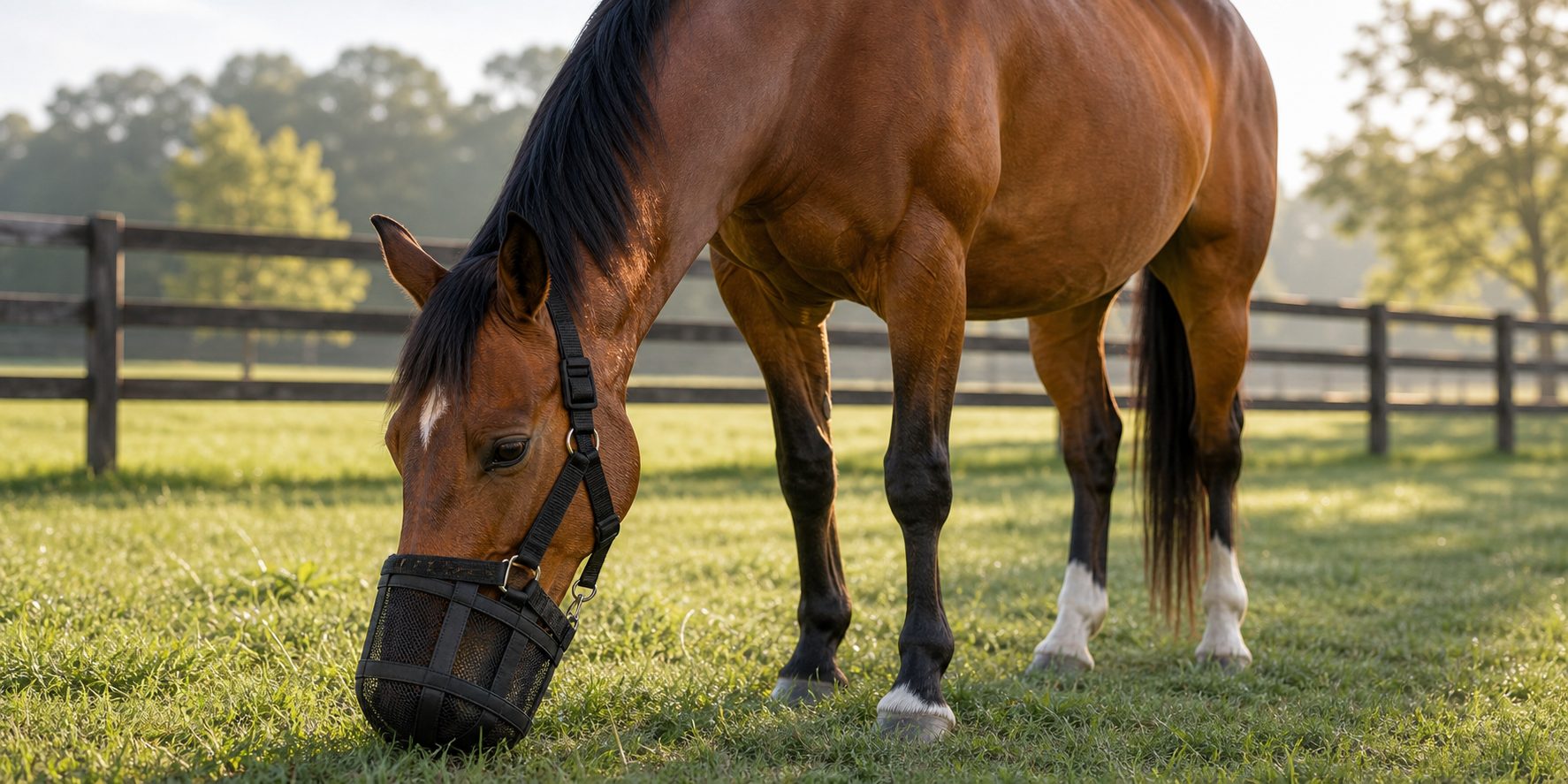 Bay horse wearing a black grazing muzzle while grazing in a green paddock