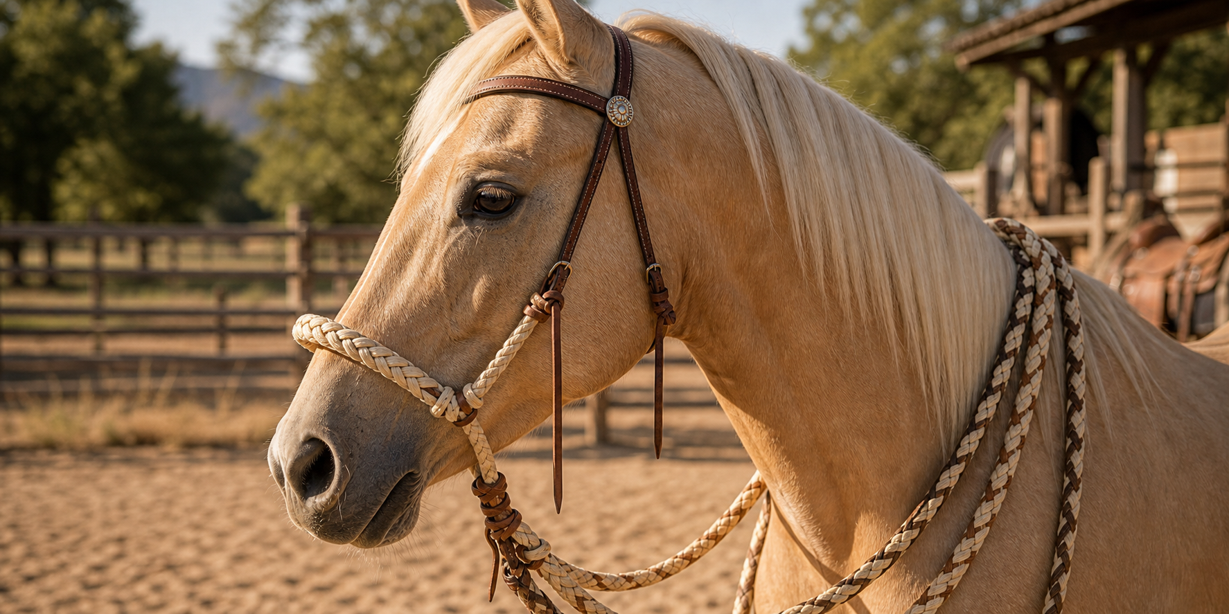 Palomino horse wearing a western bosal headstall and mecate reins in a ranch arena