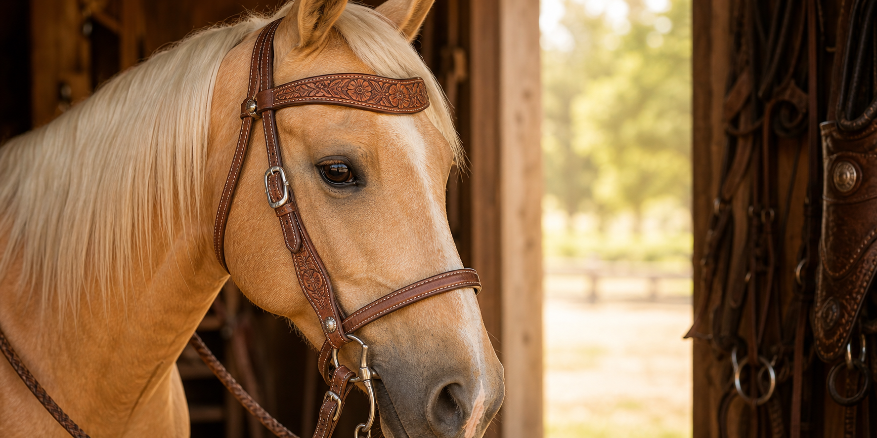 Palomino horse wearing a tooled leather browband headstall for the browband headstalls collection