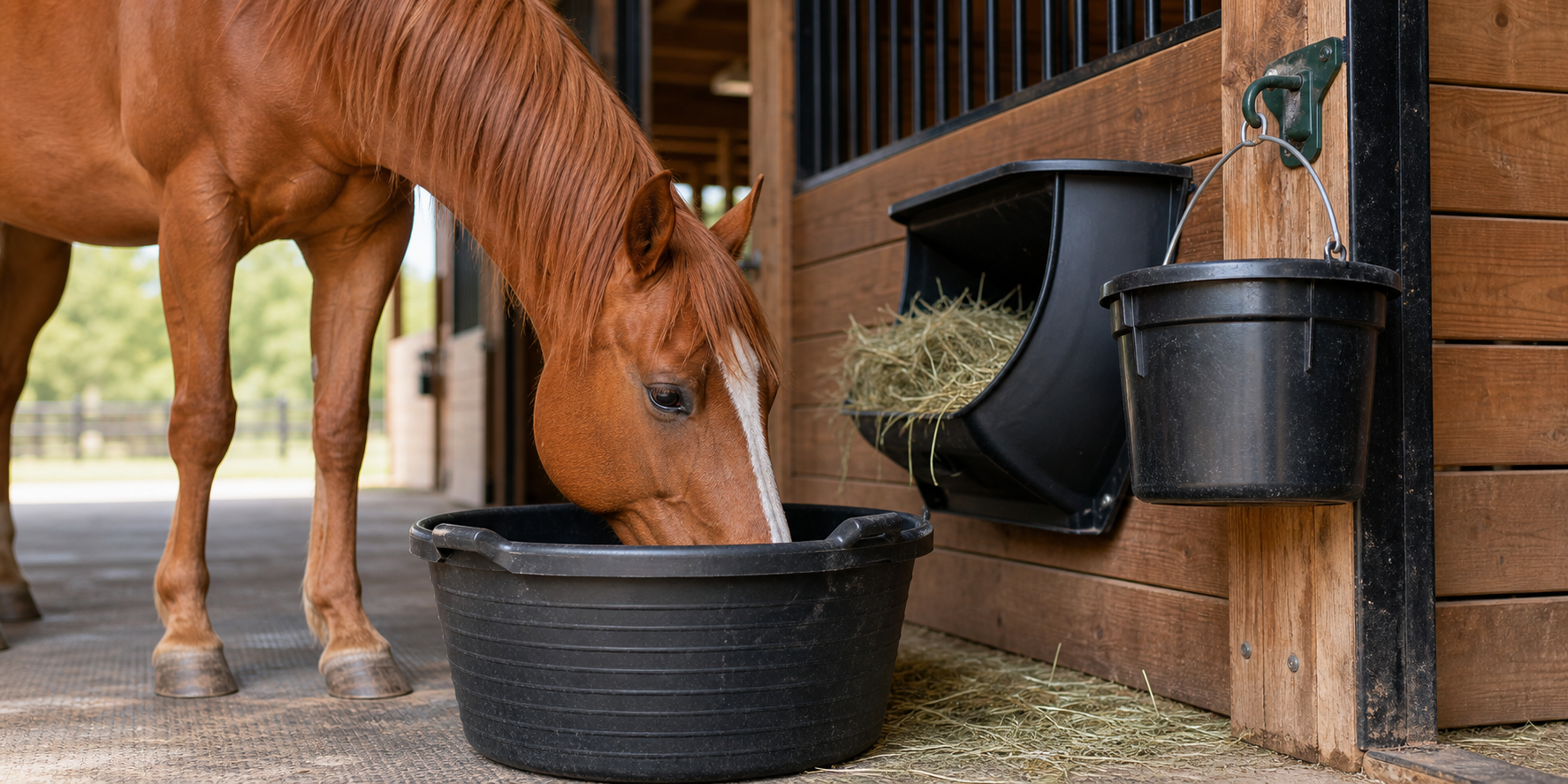 Sorrel horse eating from a barn feed tub beside a hanging bucket and hay feeder for the buckets and feeders collection
