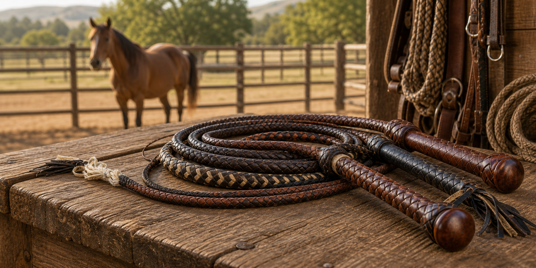 Braided leather bull whips coiled on a western tack bench with a ranch arena and horse in the background