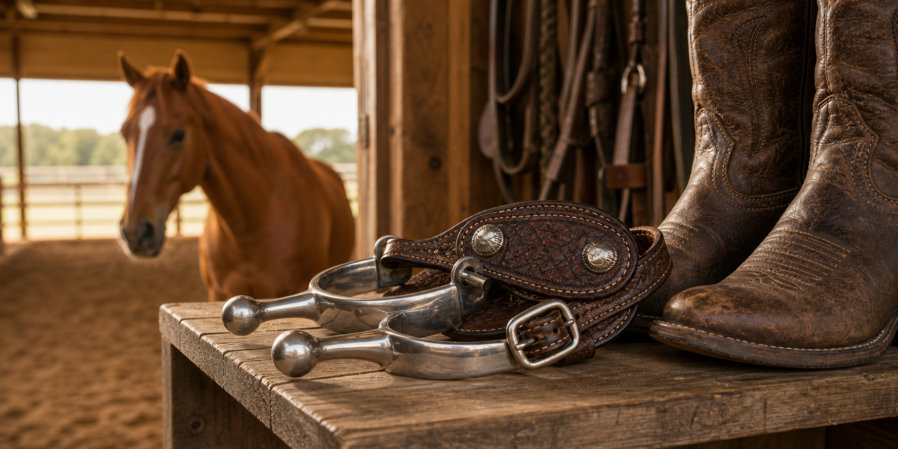 Western bumper spurs with smooth rounded bumper ends and leather straps beside cowboy boots