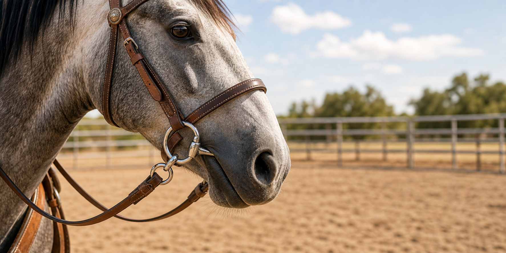 Blue roan horse wearing a western bridle with a shiny chrome bit in an outdoor round pen