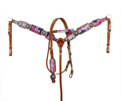 Clearance collection image featuring #111: Showman ® Tye Dye print Medium oil browband headstall and breast Collar set with copper beadi
