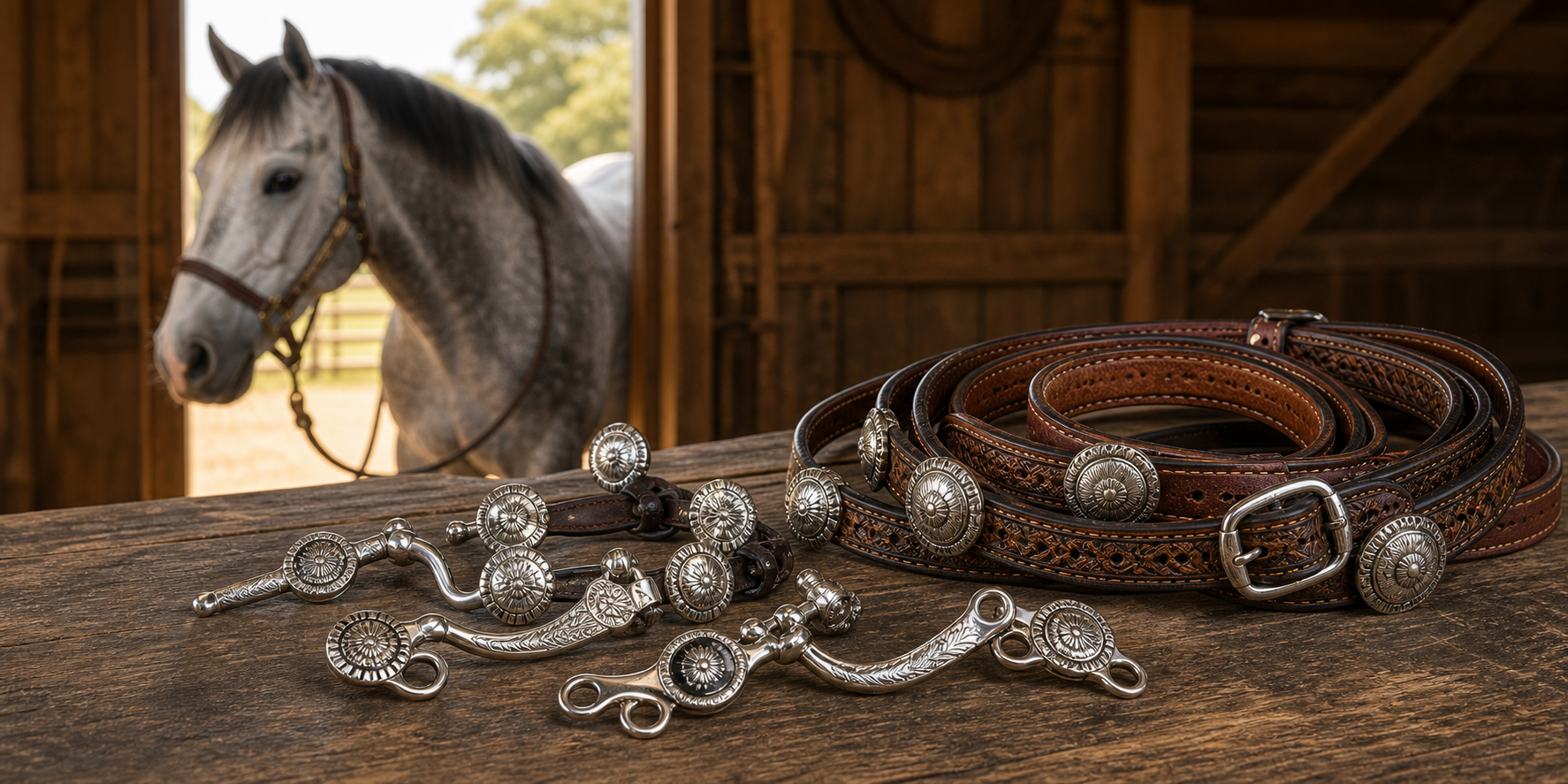 Decorative western concho bits and tooled leather bridle laid on a tack bench with a gray horse nearby