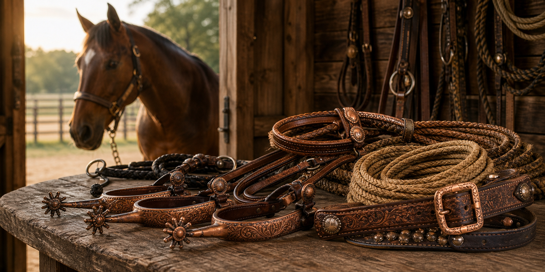 Copper-toned and vintage-style western bits and aged leather tack arranged on a barn tack bench