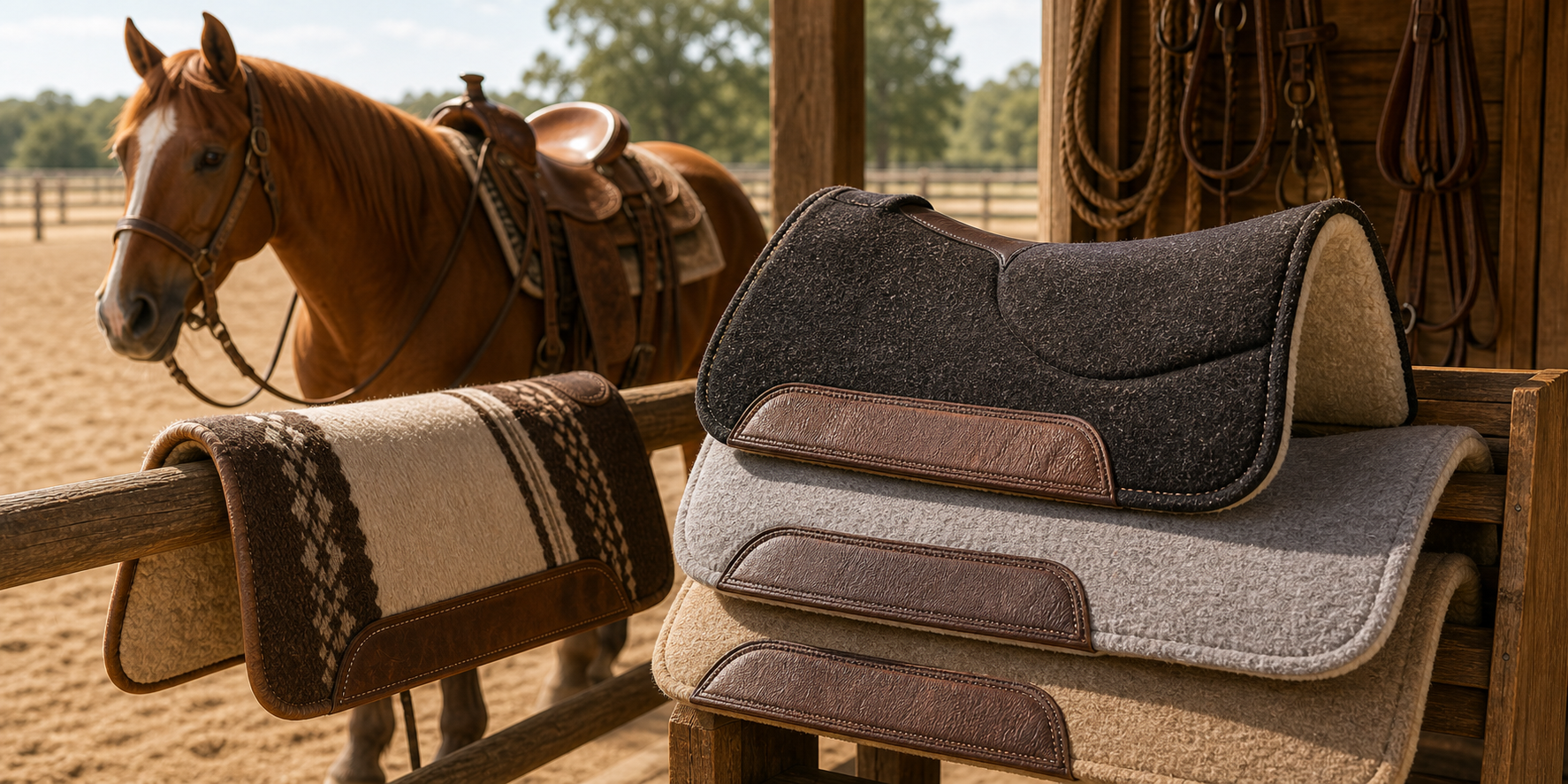 Cutter and roper style western saddle pads stacked on a rack beside a saddled sorrel horse