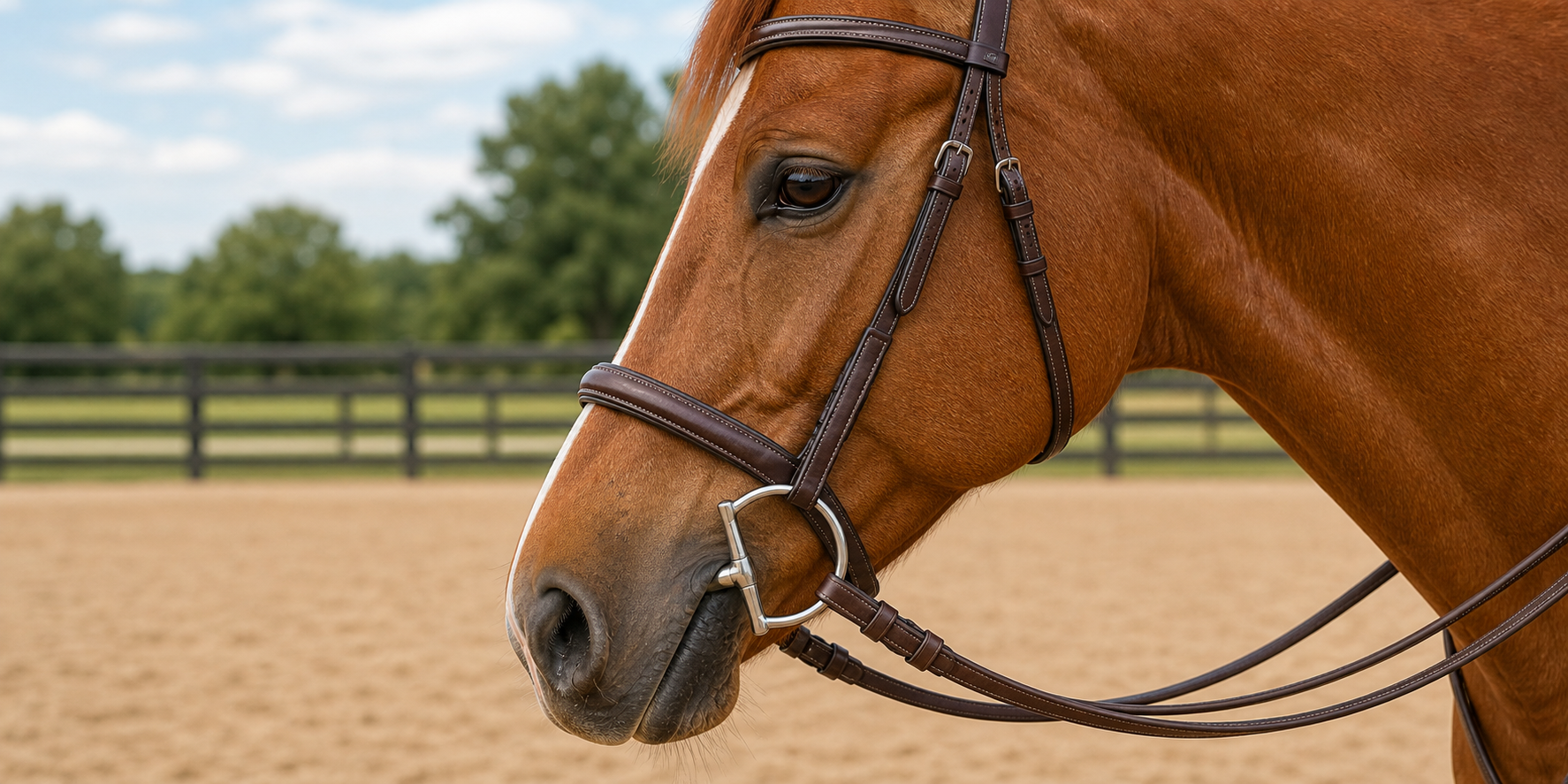 Chestnut horse wearing a bridle with a polished D-ring bit for the D-ring bits collection