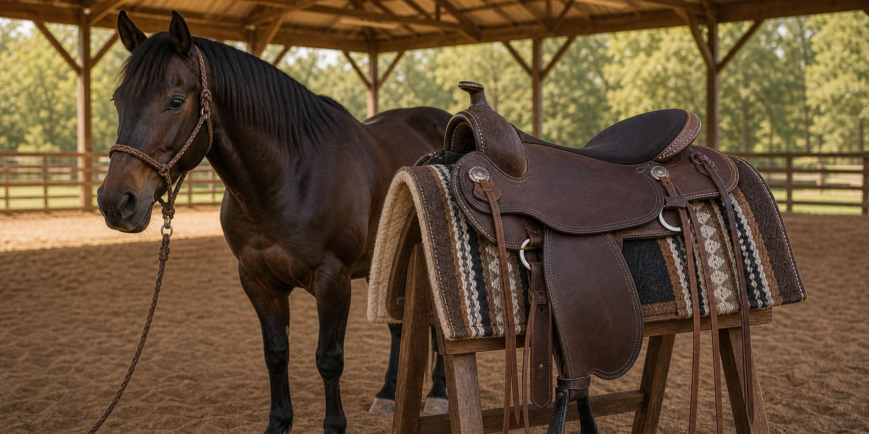 Treeless western saddle displayed on a stand beside a dark bay horse in a covered arena