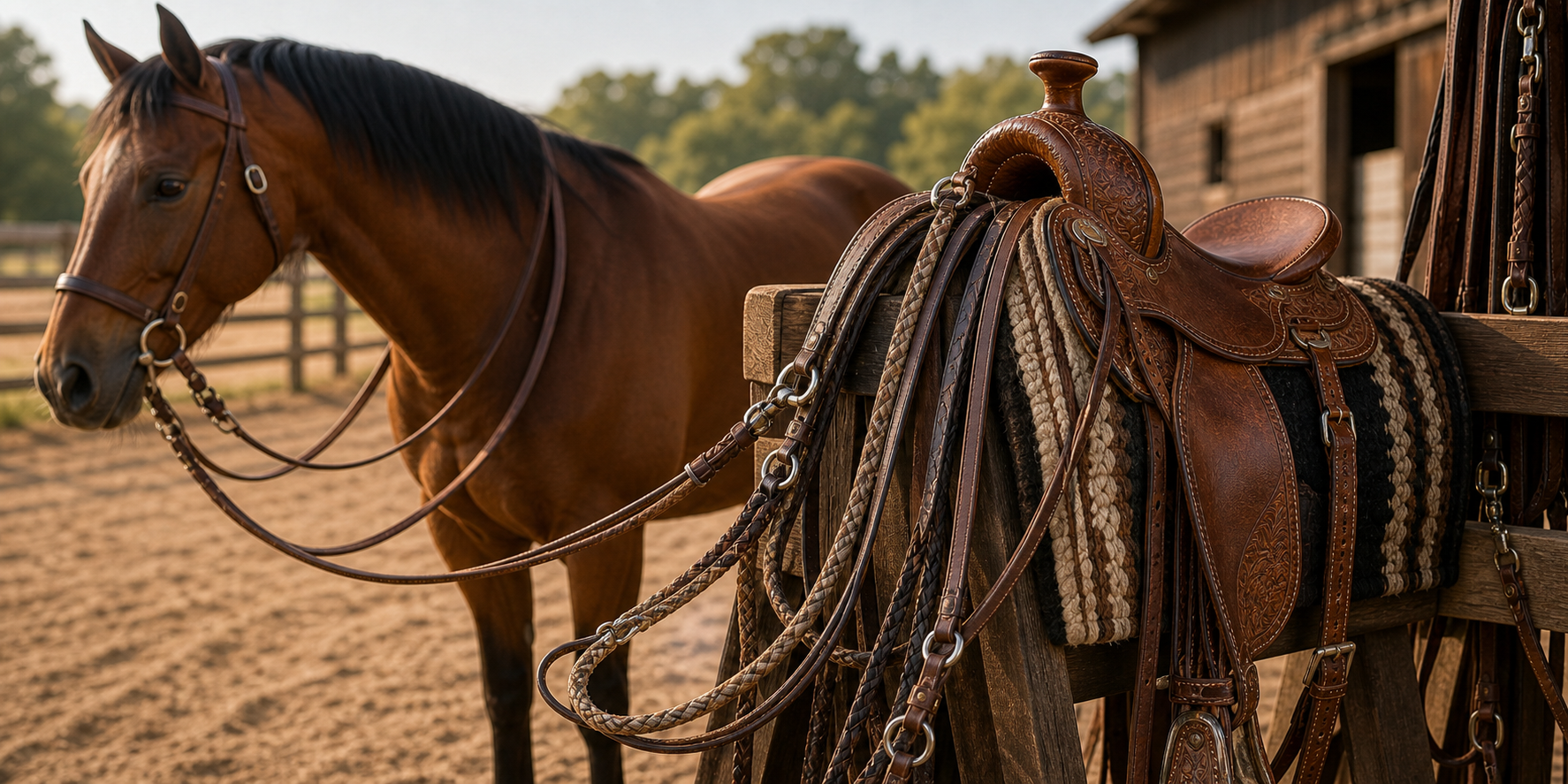 Leather and rope draw reins draped through western training tack beside a bay horse