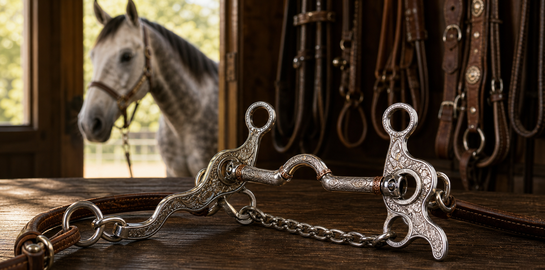 Engraved western horse bit with decorative shanks and curb chain on a tack room counter with a gray horse in the background