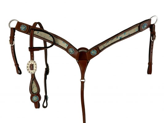Hair-On Cowhide collection image featuring #202623: Showman ® Teal Acid Wash Cowhide Inlay One Ear headstall and breast collar set with bling