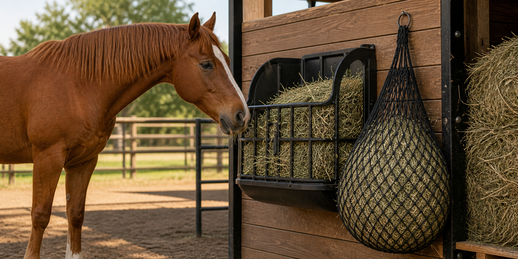 Chestnut horse using a hay feeder and slow feed hay net at a clean barn paddock